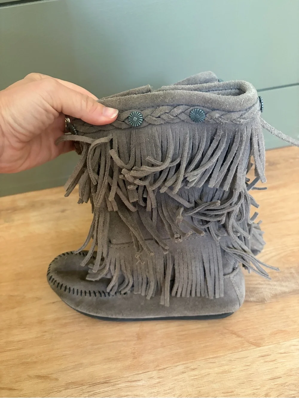 Minnetonka Girls Suede 3 Layer Fringe Moccasin Boots - Taupe Grey Size 2